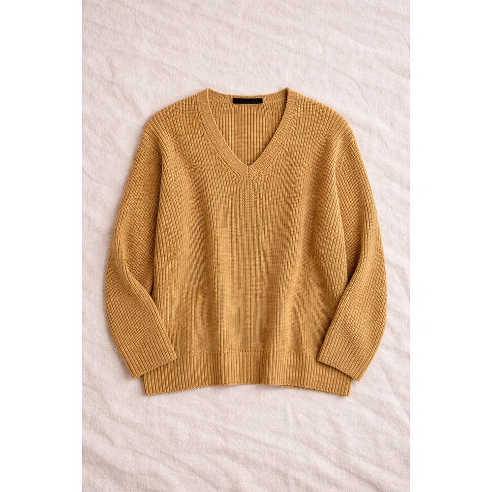 Jenni Kayne Golden Chunky Ribbed Knit V Neck Sweater Size M Cozy Minimalist